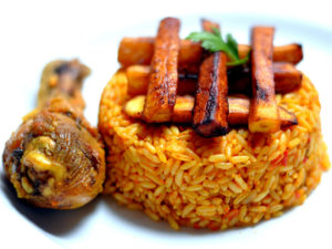 Jollof rice and fried plantain