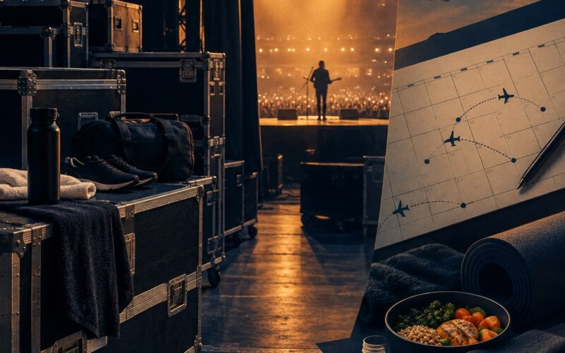 Editorial illustration of a touring performer’s stage, backstage flight cases and a tour itinerary, representing the costs of physical preparation and recovery.