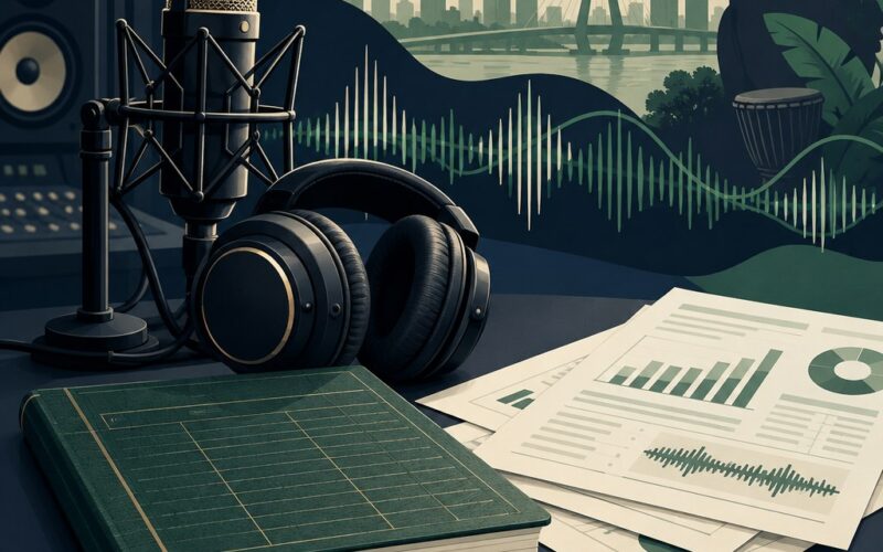 Editorial illustration of a recording studio microphone, headphones and royalty accounting papers, representing music streaming income.