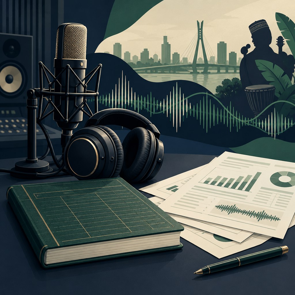 Editorial illustration of a recording studio microphone, headphones and royalty accounting papers, representing music streaming income.